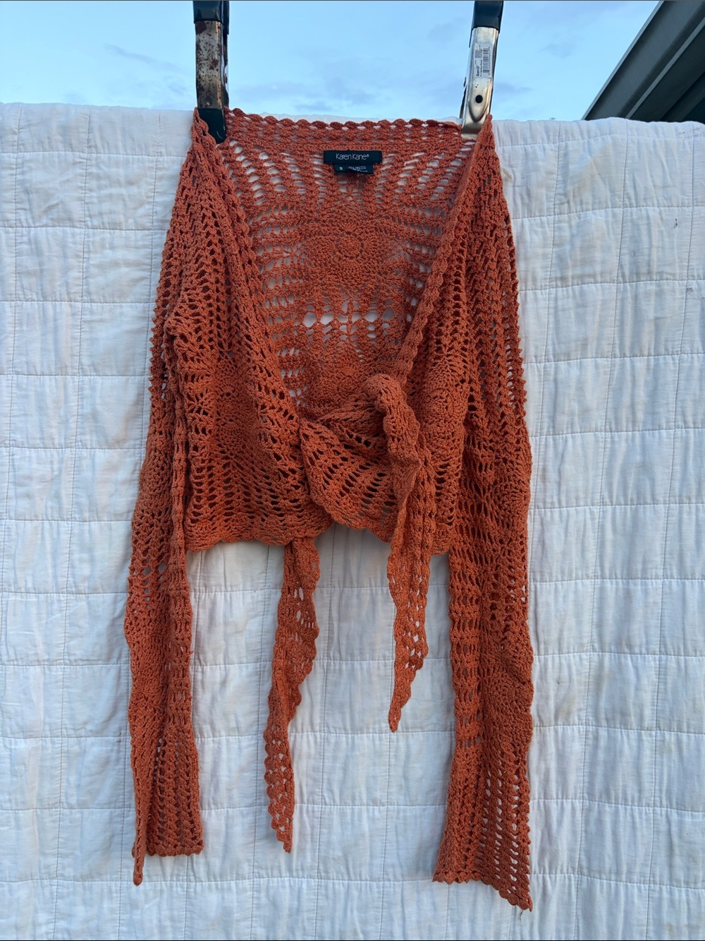 Karen Kane Burnt Orange Open-Knit Tie-Front Shrug